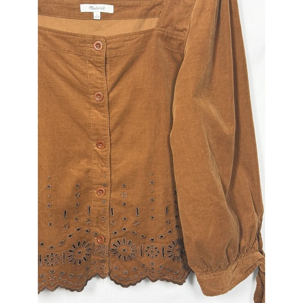 Madewell Corduroy Eyelet Embroidered Tie Sleeve Blouse Brown L Cottagecore
